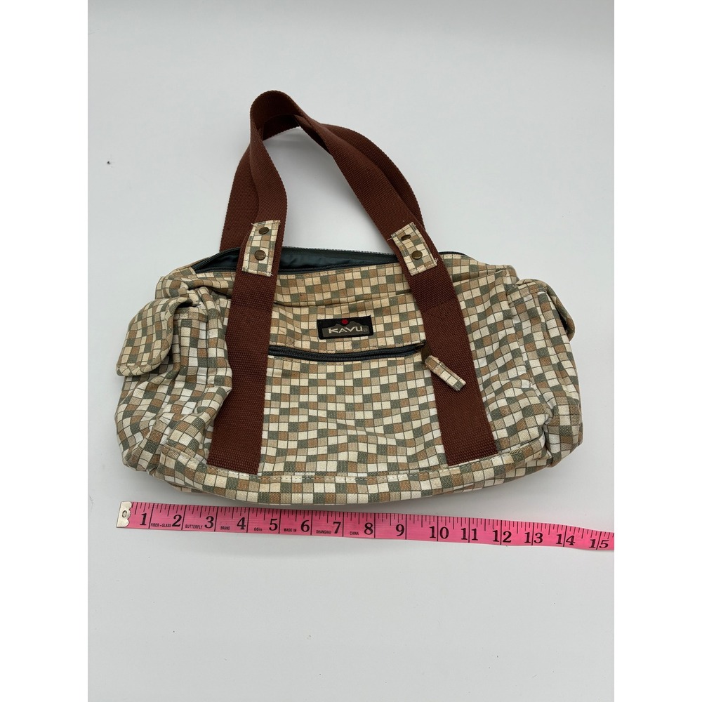 Kavu Canvas Shoulder Bag Checkered Tan Brown Green Zip Top Everyday Tote